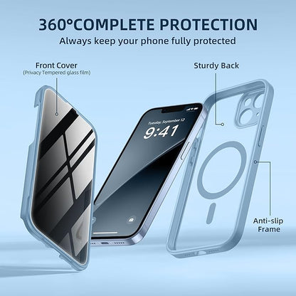 BERFY Magnetic for iPhone 14 Case, Compatible with MagSafe, Built-in Privacy Screen Protector and Upgraded Camera Protection, Anti-Spy Full Body Shockproof Phone Case for 14 6.1", Blue