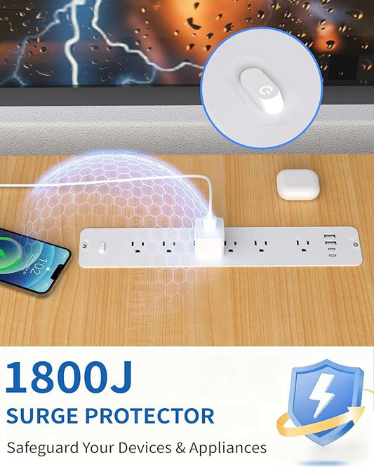 Inhwatek Recessed Power Strip, Surge Protector with USB Ports, Flush Mount Power Strip, 6Ft Flat Plug Extension Cord for Home Office Desk Kitchen Behind Furniture