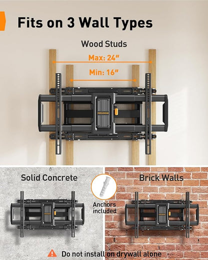 Perlegear Full Motion TV Wall Mount for 42–90 inch TVs up to 132 lbs, Preassembled and Telescopic Design for Easy Setup, Swivel, Tilt and Extension, Fits 16″/18″/24″ Wood Studs, Max VESA 600x400mm