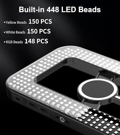 Magnetic 6000mAh RGB Selfie Ring Light for iPhone,448 LED Rechargeable Phone Light with Mini Tripod Stand, Double-Sided Magnet Handheld Stabilizer with Light for Magsafe/Phones/Video Recording/Photos