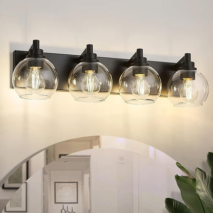 METWET Bathroom Light Fixtures, 4 Light Matte Black Vanity Light, 26 Inch Modern Wall Sconces with Globe Clear Glass Shade, Vanity Lighting Fixtures Over Mirror, VL195-MB-CL-4