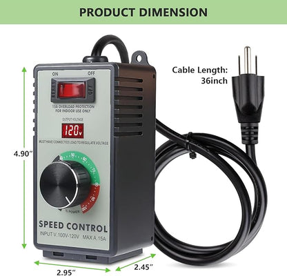 Cdmall AC Motor Speed Controller 120V 15A Max - Variable-Speed Controller & Fan Speed Control with Overload Protection and LED Display for Hydroponics Inline Duct Exhaust Ceiling Fans