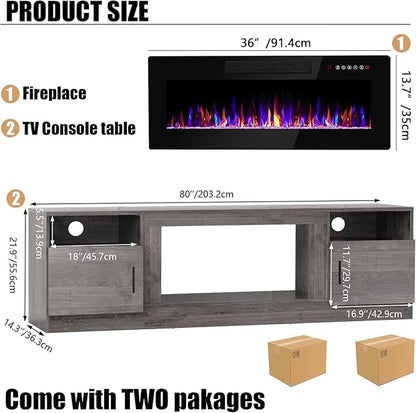 VITESSE TV Stand with 36" inch Electric Fireplace Up to 90" TVs, LED Light Entertainment Center, 80" Modern Wood High Gloss Fireplace with Highlight Storage Cabinet for Living Room (Gray)