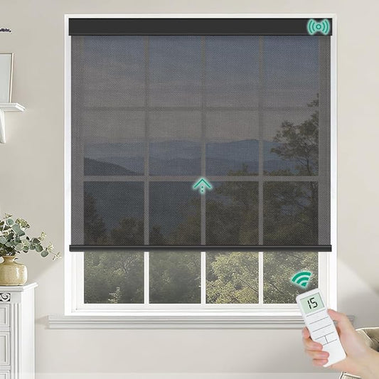 Kilonity Motorized Roller Shades, Light Filtering Remote Control Custom Window Shades Compatible with Alexa Google Assistant via RF Hub, Rechargeable Electric Blinds for Windows (Fireproof Black)