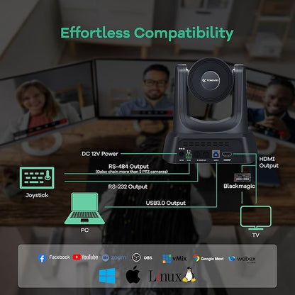 TONGVEO PTZ Camera AI Auto Tracking 12X Optical Zoom Conference Room Camera Wide View HDMI/USB3.0 60fps 1080P Video Conference for Church Worship Meeting Online Learn with Zoom YouTube OBS and More