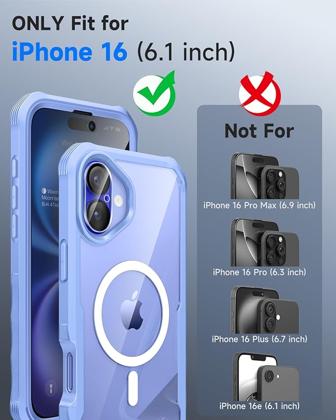 seacosmo for iPhone 16 Case, Full Body Bumper with Built-in 9H Tempered Glass Privacy Screen Protector and Camera Lens Protector, Compatible with MagSafe, Shockproof 16 Phone Case, 6.1", Light Blue