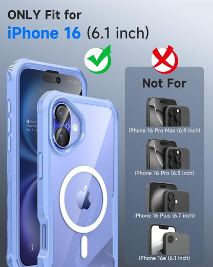 seacosmo for iPhone 16 Case, Full Body Bumper with Built-in 9H Tempered Glass Privacy Screen Protector and Camera Lens Protector, Compatible with MagSafe, Shockproof 16 Phone Case, 6.1", Light Blue
