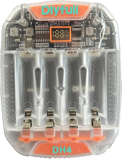 Dlyfull 4 Bay AA AAA Battery Charger with Temperature Monitoring, Independent Slots for 1.5V Lithium & 1.2V NiMH NiCd Rechargeable Batteries, Cable Included