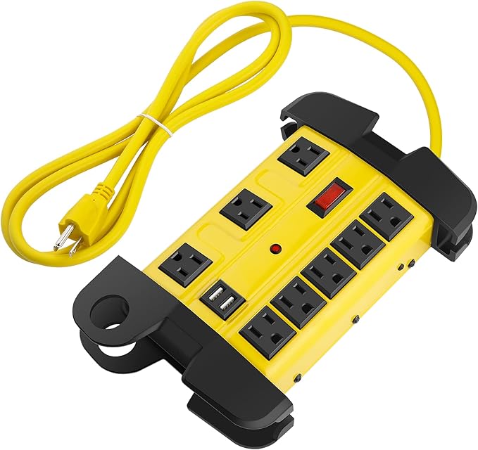Heavy Duty Power Strip with USB, Workshop 8 Outlet Surge Protector 2700 Joules, Industrial Metal 15Amp Power Strip, 12 FT Extension Cord and Wide Spaced.