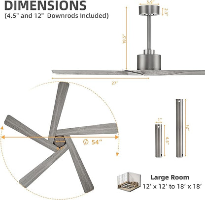 WINGBO 54" ABS DC Ceiling Fan No Light, 5 Blade Wood Grain ABS Ceiling Fan with Remote, 6-Speed Reversible DC Motor, Ceiling Fans without Light for Kitchen Bedroom Living Room, Antique Nickel and Grey