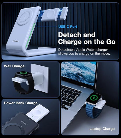 TORRAS 3 in 1 Charging Station with MagSafe Charger Stand, Cooling 15W Max Fast Charging, Foldable Wireless Charger for iPhone 15/14/13/12, Apple Watch S1-8/Ultra, AirPods(30W USB-C Charger Included)