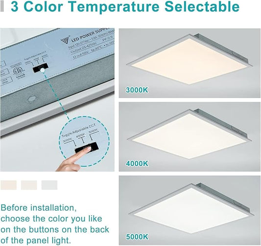 VocgoUU 16-Pack 2x2 LED Flat Panel Light Drop Ceiling, 0-10V Dimmable, 3CCT Selectable (5000K 4000K 3000K) & 3 Wattage Switchable (40W 30W 20W), 100-277Vac, ETL & DLC
