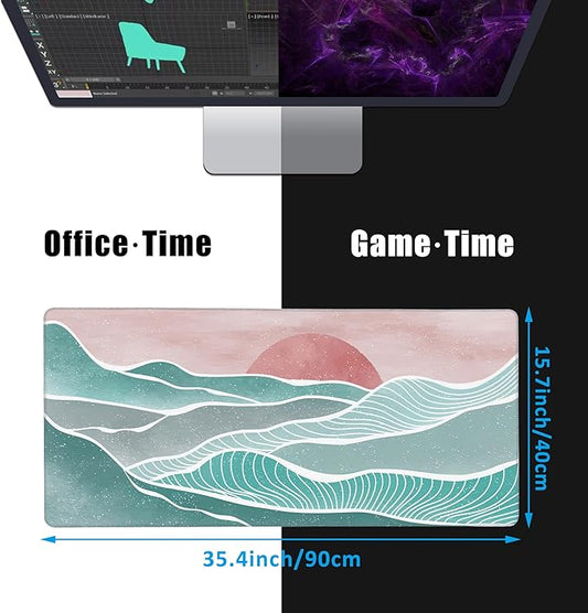 EOBKLAX Ocean Wave and Mountain Large Gaming Mouse Pad,Waterproof Desk Mat for Desktop,Non-Slip Rubber Base Mousepad with Stitched Edges for Laptop Office and Home 35.4X15.7 Inch