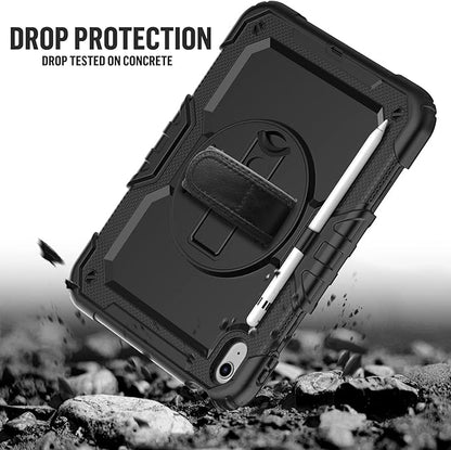 BLOSOMEET Case for iPad A16 11th/10th Generation 11''/10.9'' 2025/2022 with Tempered Glass Screen Protector & Pencil Holder, Rugged Military Grade Cover w/Stand Hand Shoulder Strap, Black