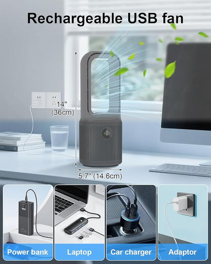 MEIIS Desk Fan Bladeless, 14 Inch USB Rechargeable Tower Fan with 9 Speed Adjustable, 3 Light, 60° Oscillating, 9H Timer, 5000mAh Battery Cooling Small Table Fan for Bedroom, Office, Nightstand, Grey