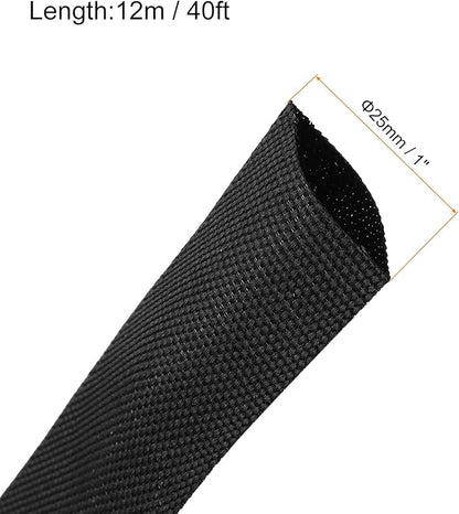 MECCANIXITY Braided Cable Sleeves Heat Shrinkable Fabric Sleeving, 1" 40ft Black 2:1 Ratio Heat Shrinkable Cord Protector for Harness Cable, Network Cable Protection, Cable Management