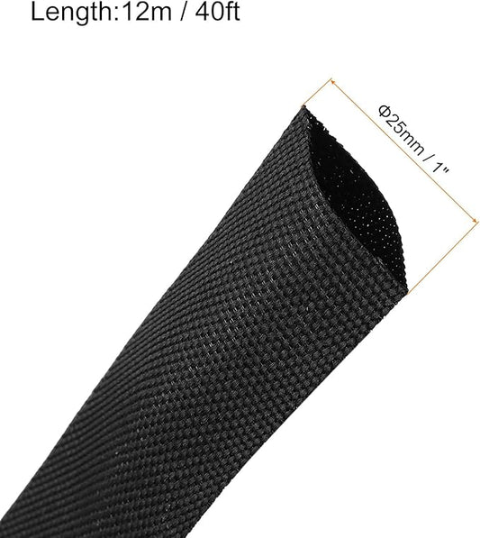 MECCANIXITY Braided Cable Sleeves Heat Shrinkable Fabric Sleeving, 1" 40ft Black 2:1 Ratio Heat Shrinkable Cord Protector for Harness Cable, Network Cable Protection, Cable Management