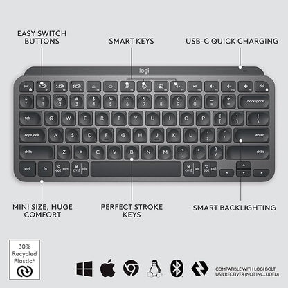 Logitech MX Keys Mini Minimalist Wireless Illuminated Keyboard, Compact, Bluetooth, Backlit, USB-C, Compatible with Apple macOS, iOS, Windows, Linux, Android, Metal Build - Graphite