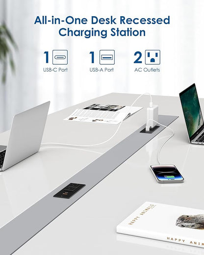 Recessed Power Strip USB C PD 30W Fast Charging,Flush Mount Desk Recessed Outlet,Space-Saver for Furniture Side Table,2 USB Ports,2 AC Outlets,6ft Cord,Ultra Thin Flat Plug