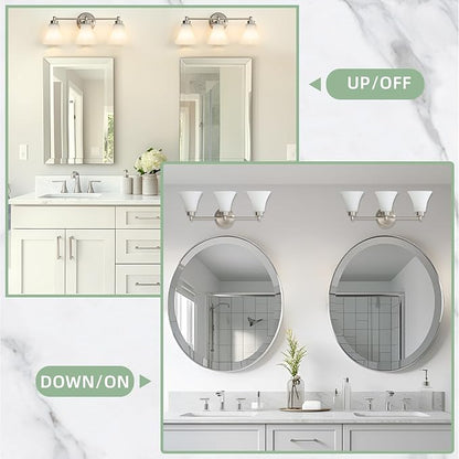 LOUSACE 3 Light Bathroom Vanity Light Vintage Brushed Nickel Bathroom Lighting Fixtures Over Mirror, Traditional Wall Sconce Lighting with Opal Glass Shade, Nickel Vanity Lighting Fixture