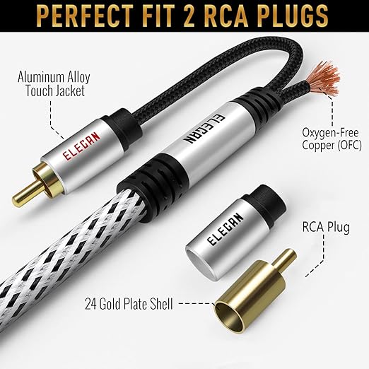 Elecan Premium RCA Cable 25 Ft (Hi-Fi Sound-16 AWG-Shielded) 2 RCA Male to 2 RCA Male Stereo Audio Cable, Gold Plated-Aluminum Alloy Shell-Pure Copper-Braided RCA Cord for Home Theater Speakers + Ties