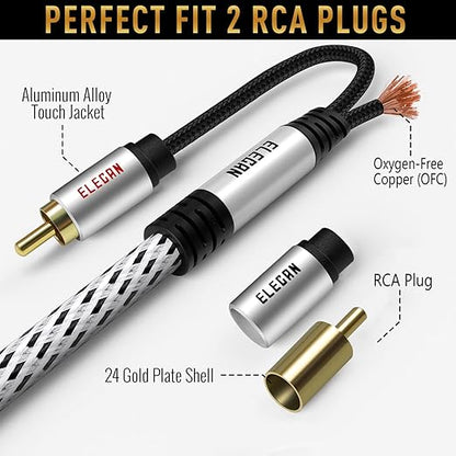 Elecan Premium RCA Cable 100 Ft (Hi-Fi Sound-16 AWG-Shielded) 2 RCA Male to 2 RCA Male Stereo Audio Cable, Gold Plated-Aluminum Alloy Shell-Pure Copper-Braided RCA Cord for Home Theater Speakers +Ties