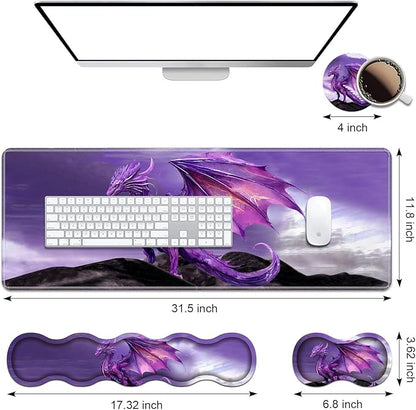 Ergonomic Keyboard Wrist Rest & Mouse Pad Wrist Rest Set, Large XXL Gaming Desk Mat 31.5"x 11.8" with Memory Foam, Easy Typing Pain Relief for Office & Home, Purple Dragon