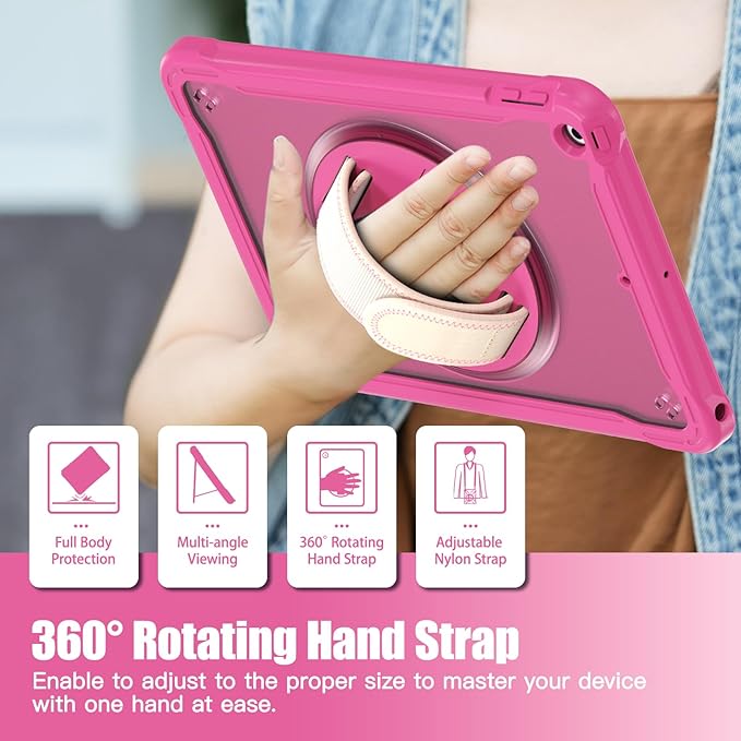 ZenRich Clear Case for iPad 9th/8th/7th Generation 10.2 inch 2021/2020/2019, Shockproof Slim Hard Case with Pencil Holder/360°Rotating Kickstand/Handle/Carrying Strap, Rose