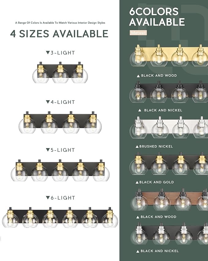METWET Bathroom Light Fixtures, 4-Light Black and Gold Bathroom Vanity Light, 26 Inch Modern Wall Sconces with Globe Clear Glass Shade, Vanity Lighting Fixtures Over Mirror, VL195-KG-4