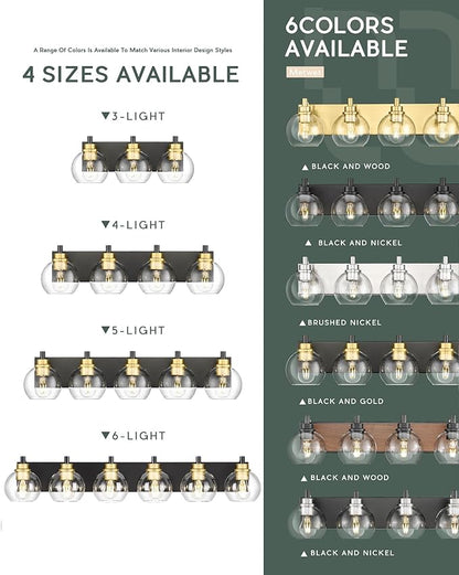 METWET Bathroom Light Fixtures, 4-Light Black and Gold Bathroom Vanity Light, 26 Inch Modern Wall Sconces with Globe Clear Glass Shade, Vanity Lighting Fixtures Over Mirror, VL195-KG-4