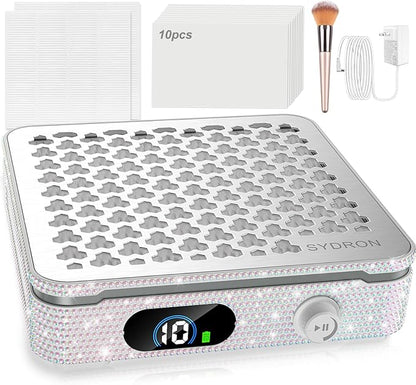 Nail Dust Collector | 1000PA Nail Vacuum Dust Collector | 10 Speed Levels | Low Noise & Strong Suction | Reusable Filter, 10 Pads + Nail Dust Brush| for Acrylic Nails, Salon & Home -White Diamond