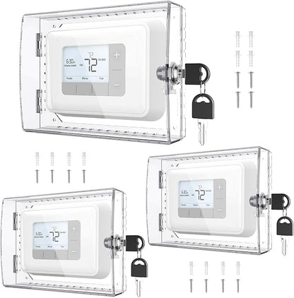 AUURIO 3 PCS Upgraded Thermostat Lock Box with Key, Large Space Thermostat Cover Seamless Anastomosis, Clear Decorative AC Lock Box Cover on Wall Fits Thermostats 4.8" H x 6" W or Smaller