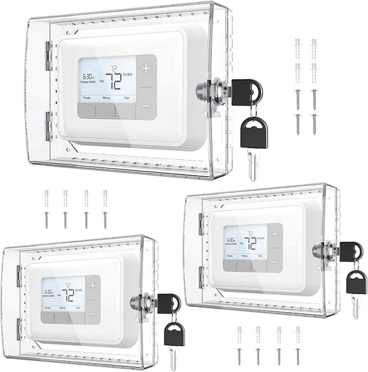 AUURIO 3 PCS Upgraded Thermostat Lock Box with Key, Large Space Thermostat Cover Seamless Anastomosis, Clear Decorative AC Lock Box Cover on Wall Fits Thermostats 4.8" H x 6" W or Smaller