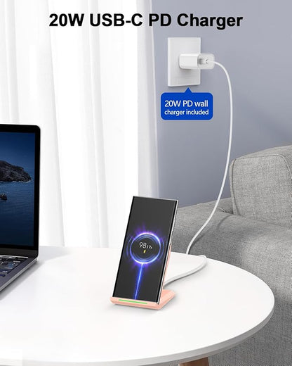 Wireless Charger with USB C Phone Charger, Qi Certified Charging Stand with 20W PD Adapter Compatible with iPhone 16/15/14/13/12, Phone Charging Dock for Samsung Galaxy S25/S24/S23/S22/S21/Note 20