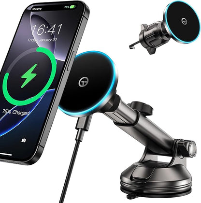 for Mag-Safe Car Mount Charger Dash Vent Windshield Wireless Car Charger with LED Light, Strong Magnetic Phone Holder for Car for iPhone 16 15 14 13 12 Series(Cyan)