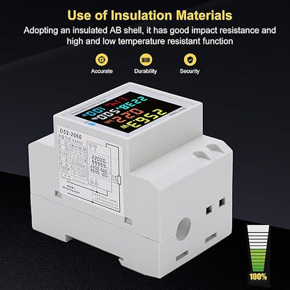D52-2066 Single Phase Energy Meter with LCD Display Din Rail Electricity Usage Monitor for Voltage Current Power KWh Frequency Power Factor - 220V AC 40V-300V 100A Household & Industrial Use