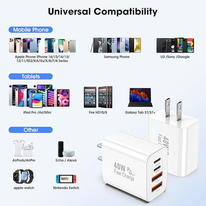 USB C Charger Block, 2 Pack 40W 4-Port iPhone Charger Fast Charging Multiport PD 3.0 & QC 4.0 Double Quick Charge, Compatible with iPhone 16/15/14/13/12/11，Pro Max，iPad, Samsung (White)