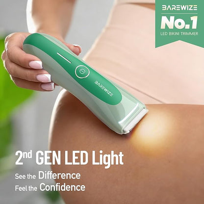 BAREWIZE Bikini Trimmer for Women, Electric Shaver for Women | LED Light, IPX7 Waterproof, USB-C Rechargeable, Ceramic Blade | Electric Razors for Women, Pubic Hair Trimmer Women (Jade Glow)