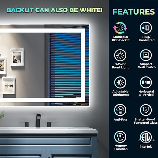YEELAIT 55x40 Inch RGB LED Bathroom Mirror Front Light and RGB Backlit Lighted Vanity Mirror for Bathroom Wall Mounted Dimmable Anti Fog Memory Shatter-Proof IP54 Waterproof Horizontal/Vertical
