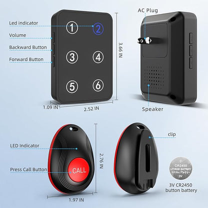 CallToU Wireless Call Button Caregiver Pager Nurse Call System for Elderly/Patients at Home/Hospital with Voice Announcements and LED Number Display (6 Waterproof Call Button & 1 Receiver)