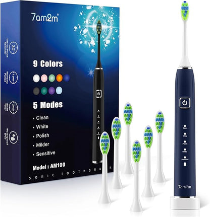 7AM2M Sonic Electric Toothbrush with 6 Brush Heads for Adults and Kids, One Charge for 120 Days, Wireless Fast Charge, 5 Modes with 2 Minutes Built in Smart Timer, Electric Toothbrushes (Navy Blue)