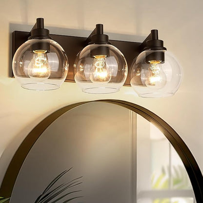 METWET Bathroom Light Fixtures Over Mirror, 3-Light Oil Rubbed Bronze Vanity Light with Clear Glass Globe Shade, Modern Sconces Wall Lighting, Bathroom Wall Lights for Bedroom Hallway, VL195-ORB-3