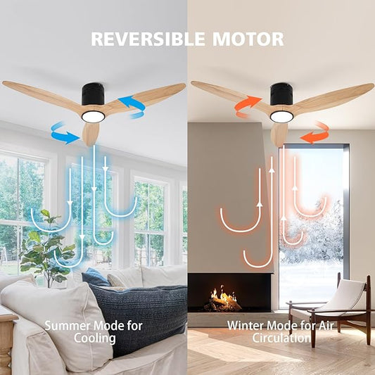 OUATER Wood Flush Mount Ceiling Fan with Light,52 inch Low Profile Modern Ceiling Fans for Outdoor/Patios/Bedroom/Office,3 color light,6 Speed,DC Motor,Wood and Modern Matte Black