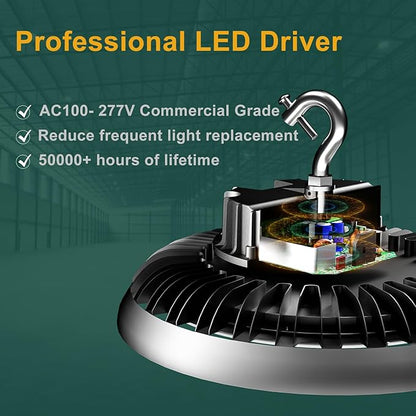 ACOHOOK LED High Bay Light 420W 60000lm 5000K High Bay LED Shop Lights with US Plug, AC100-277V UFO Commercial Bay Lighting for 30-55FT Height -2Pack