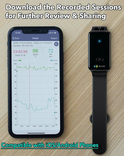 SleepO2 Wrist Recording Pulse Oximeter by EMAY | Continuous Pulse Oximeter to Record Blood Oxygen Saturation and Pulse Rate Overnight | Export Sleep Report & Raw Data