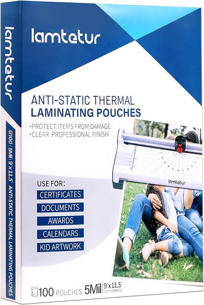Lamtetur Anti-Static Thermal Laminating Pouches 9x11.5 Inches, Holds 8.5 x 11 Inch Sheets,5mil 100Pcs Hot Laminate Films, Clear Laminator Papers, Letter Size Lamination Sheets(Anti-Static 5Mil-100)