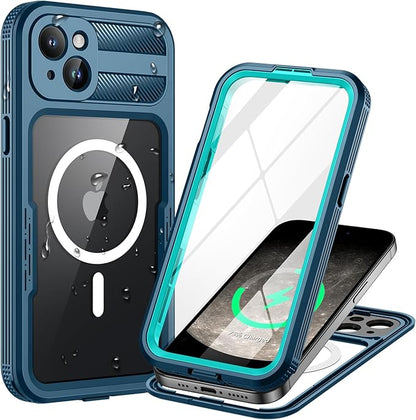 Lanhiem Magnetic for iPhone 15 Plus Case, IP68 Waterproof Dustproof Case, [Compatible with Magsafe] [Built-in Screen Protector] Full Body Heavy Duty Rugged Phone Cover 6.7 inch, Blue/Clear