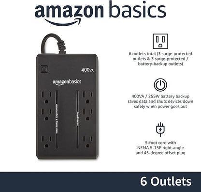 Amazon Basics UPS Battery Backup & Surge Protector 400VA/255W, 6 Outlets, Standby Uninterruptible Power Supply, for Power Outage Protection, Compact, Black