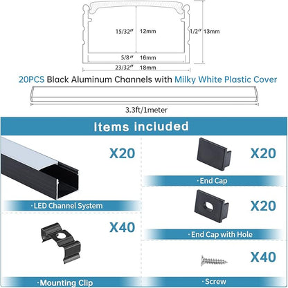 Muzata 20Pack 3.3FT/1M Plus-Size Spotless LED Channel Black LED Strip Diffuser Channel with Milky Frosted White Diffuser Cover U103 BW 1M