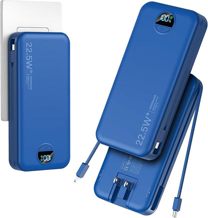 aonidi 20000mAh Ultra-Portable-Charger-Power-Bank PD20W with Built in Cables&AC Wall Plug,Fast Charging Cell Phone Charger Battery Pack,LED Display Travel Battery Bank for All iPhone,Samsung,Android